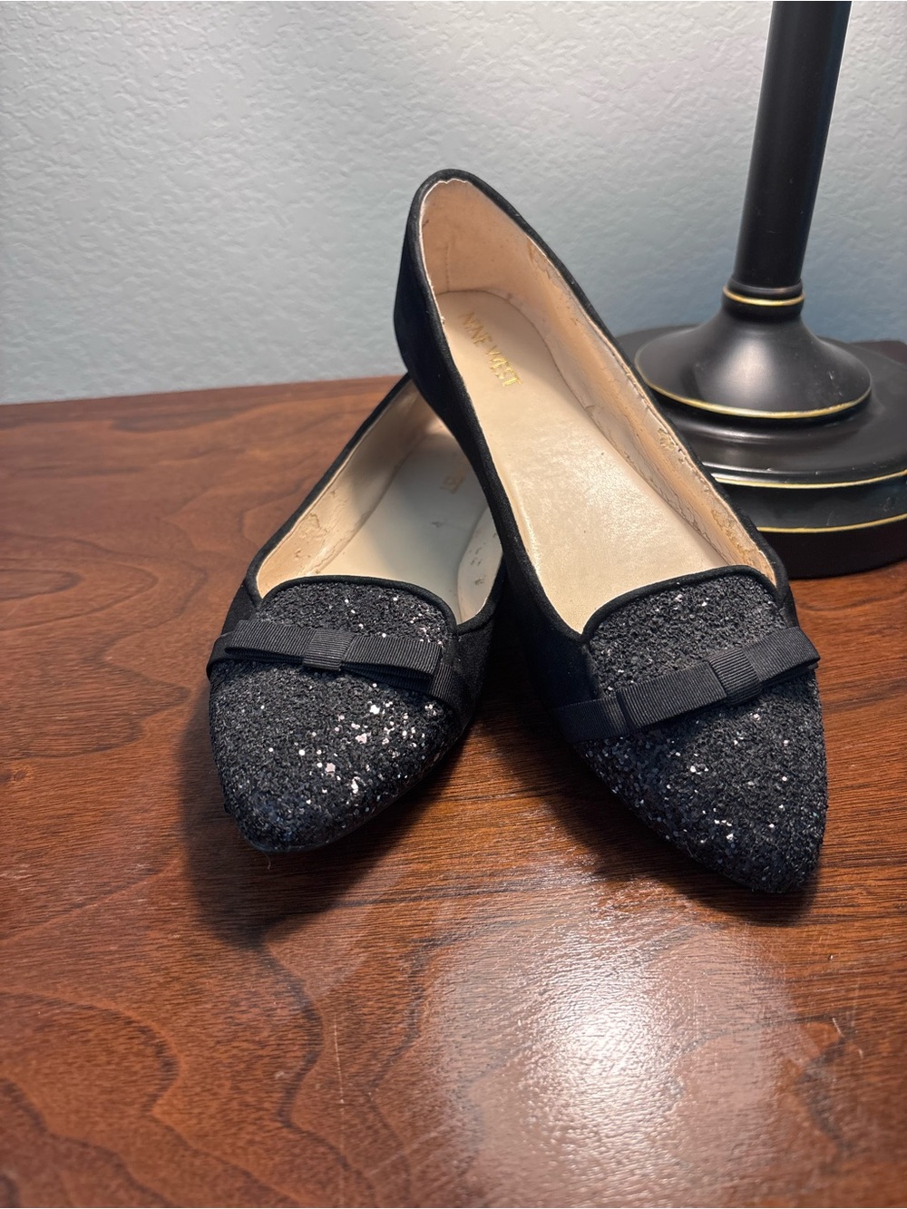 Nine West Black Glitter Pointed Toe Flats with Ribbon Trim